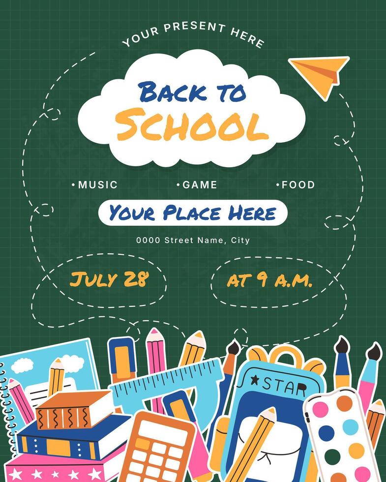 Back to School flyer template with different school objects. School party event sale poster with flat supplies to study. layout music game food present time and place promo. Education concept. vector