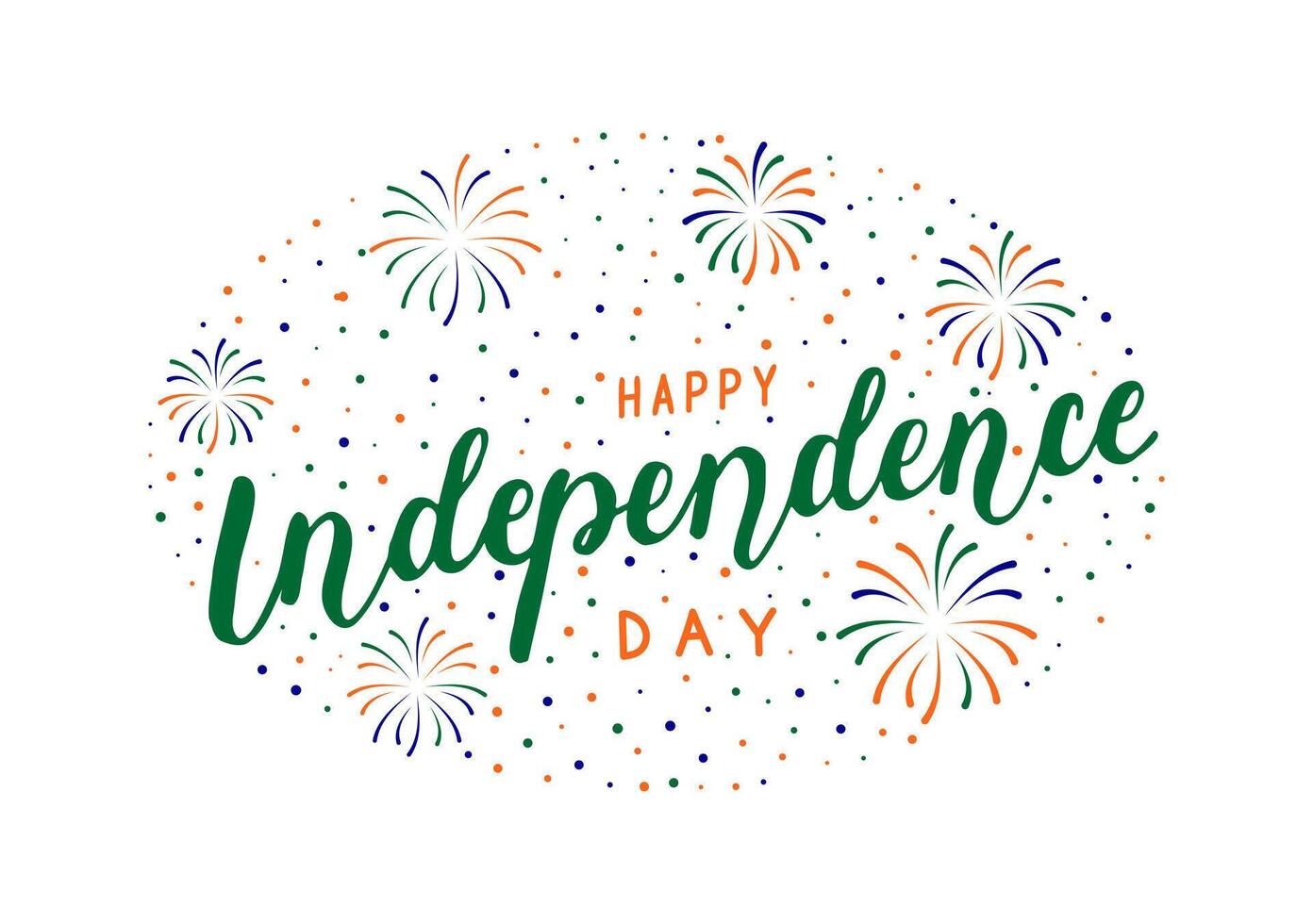 Happy Independence Day Calligraphy lettering. Text banner for India national freedom holiday. Tricolor orange green blue hand drawn greeting words, fireworks. for card poster. Mexico, Bulgaria. vector