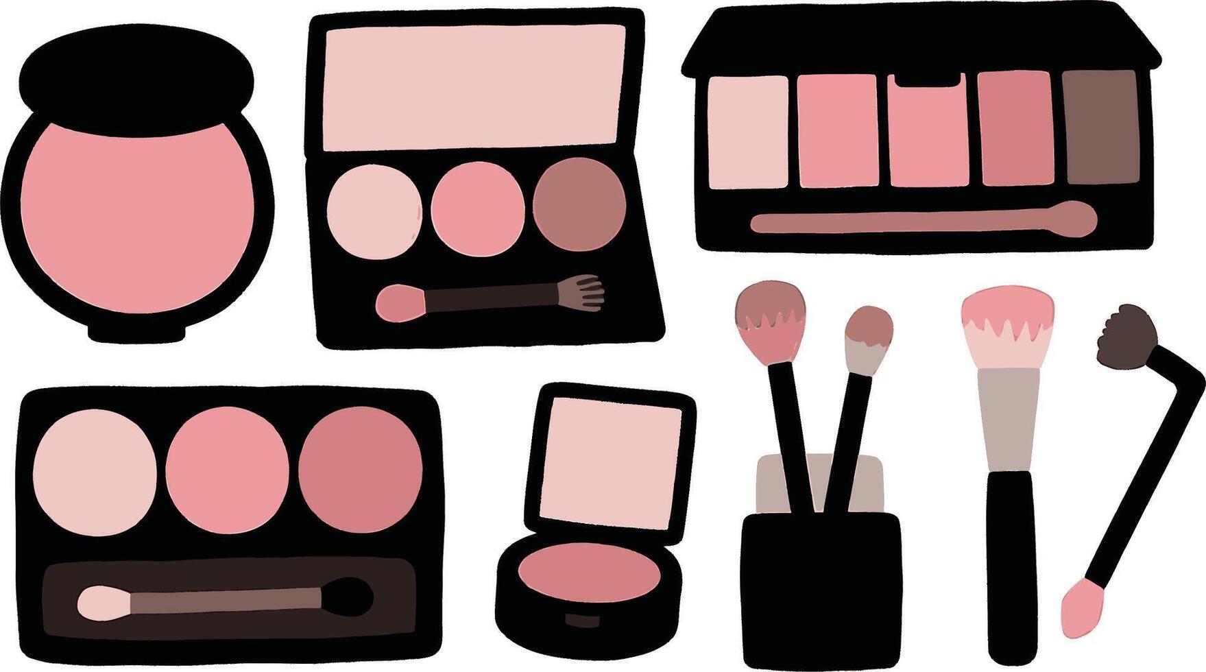 Romantic Blush Makeup Palette and Brushes Set A Pretty Pink Cosmetic Collection for Everyday Glamorous Look vector