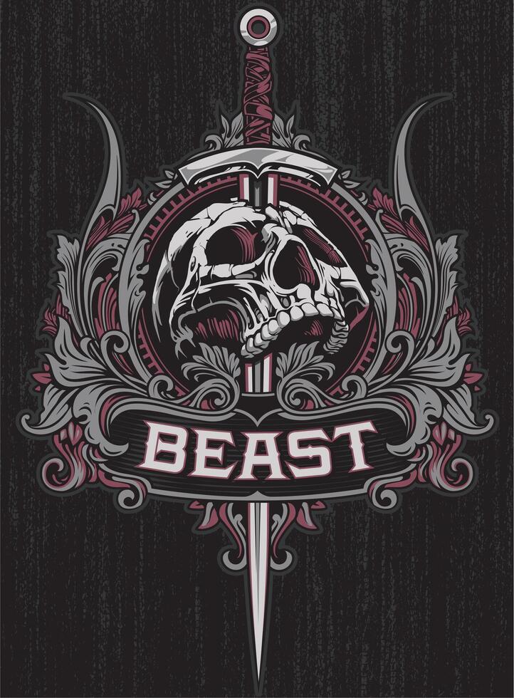 Mythical Skull Beast Art for T-Shirt Design, Gothic Fantasy Illustrati Dark Creature Graphicon, vector