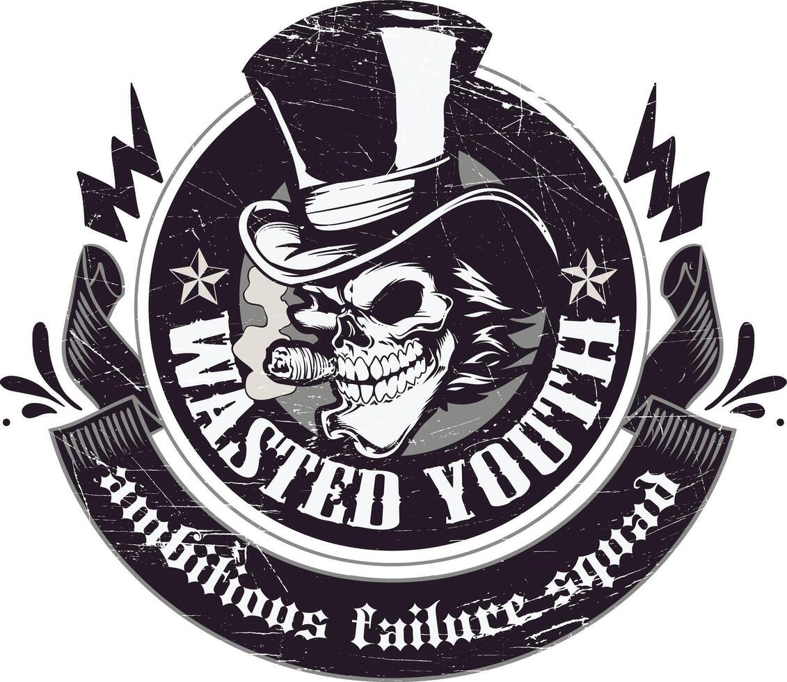 Retro Skull Wearing Hat Vintage Badge Logo T-Shirt Graphic Vec. Art vector