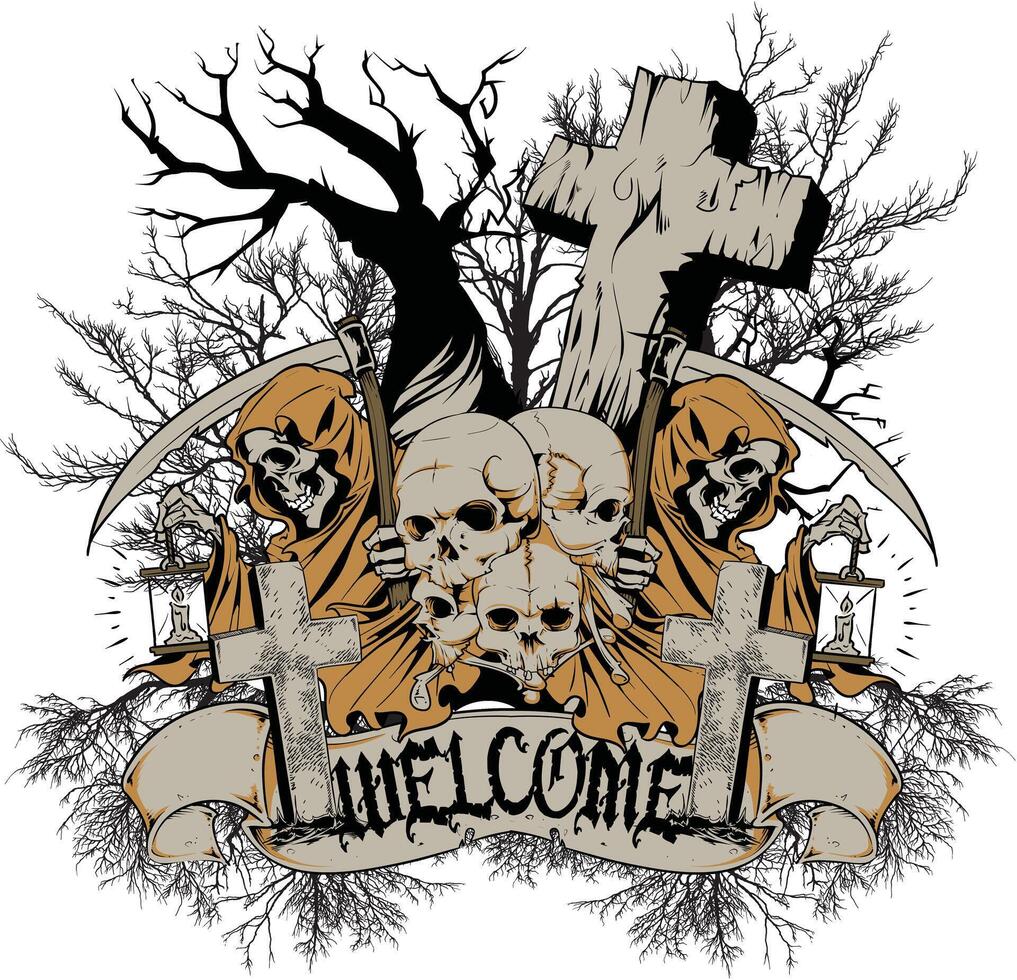 Dark Gothic Skeleton Graveyard Art Vintage Horror T-Shirt Print Illustration vector