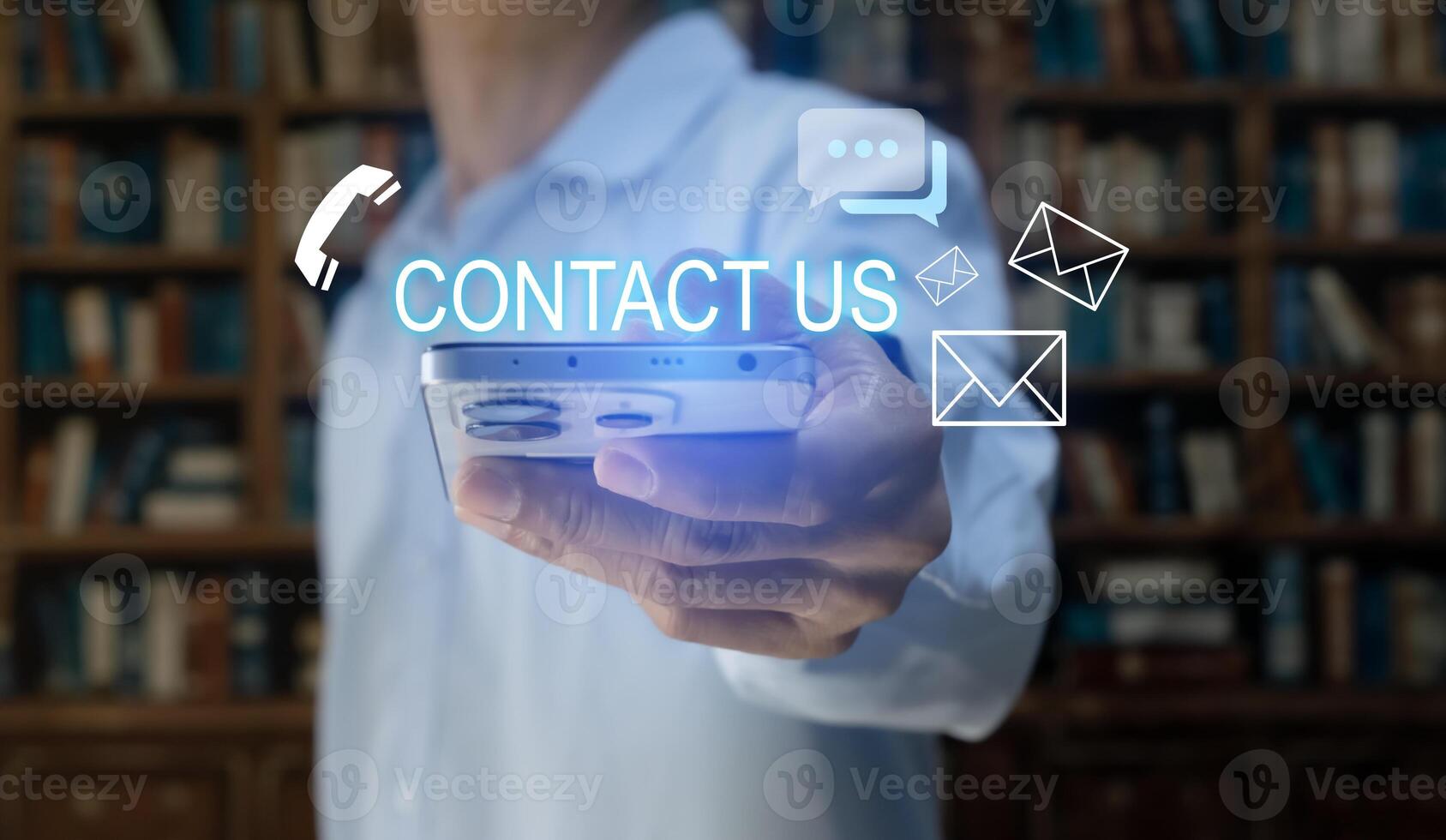 Contact us or our customer support hotline where people connect. and touch the contact icon on the virtual screen. photo