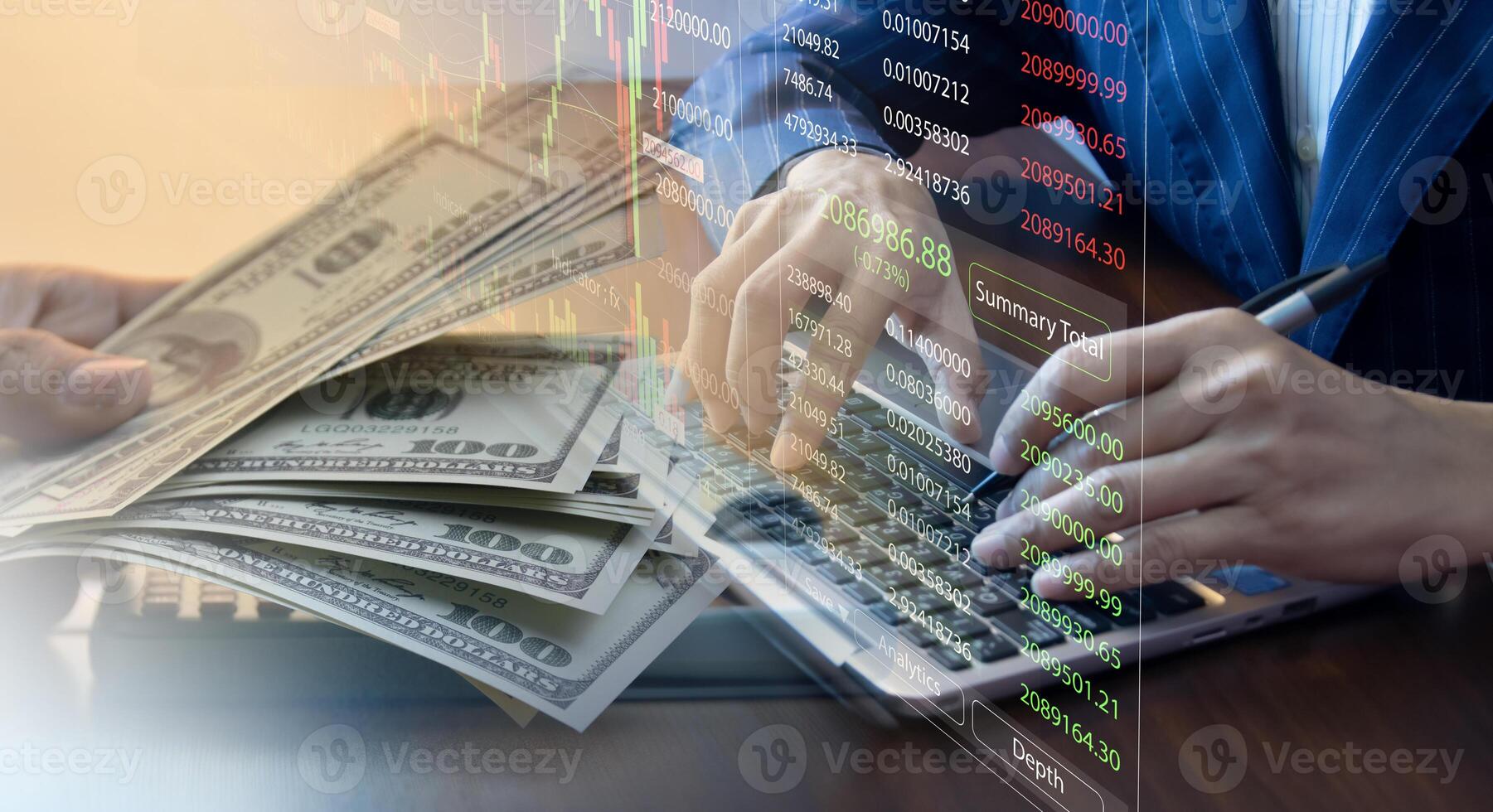 Planning analyzing indicators and buying and selling strategies, stock market, business growth, progress or success. photo