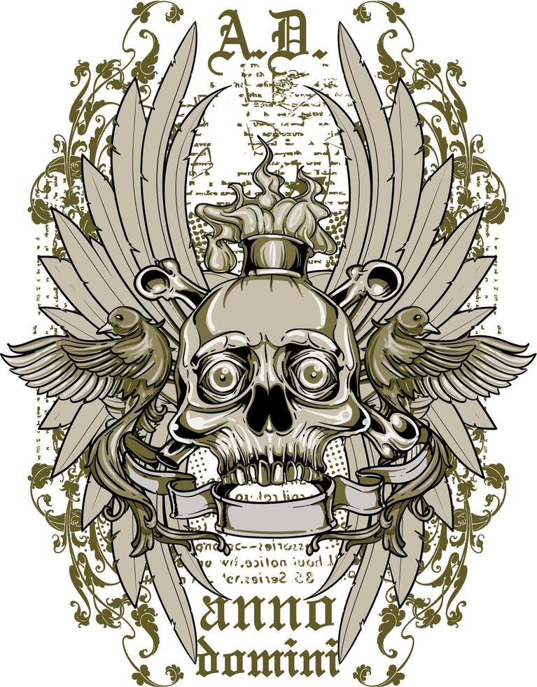 Gothic Wings Skull Graphic Tee Art - Dark Fantasy Tshirt Design Illustration vector