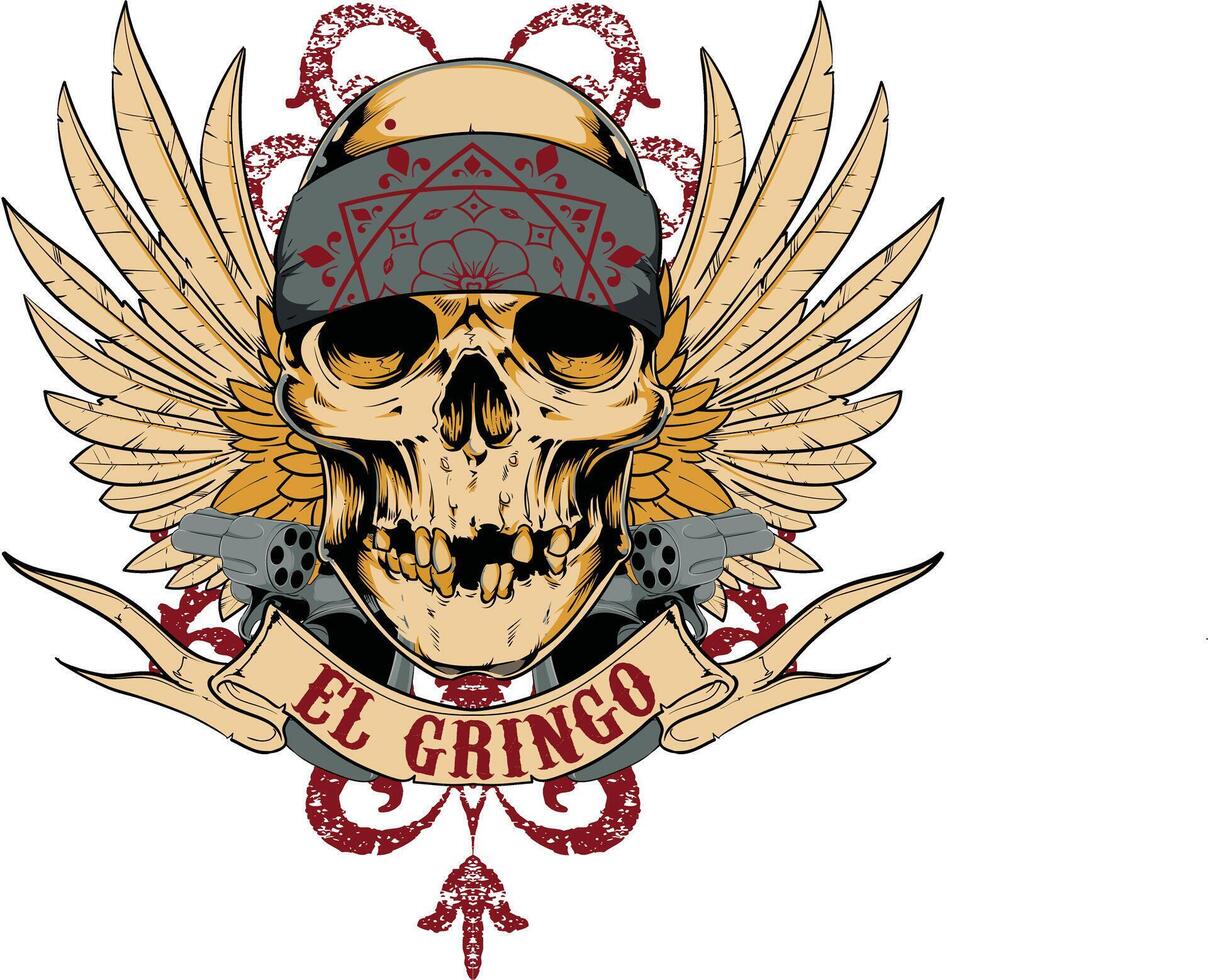 Retro Mexican Skull Bandit T-Shirt Graphic Art, El Gringo Outlaw Design Illustration vector