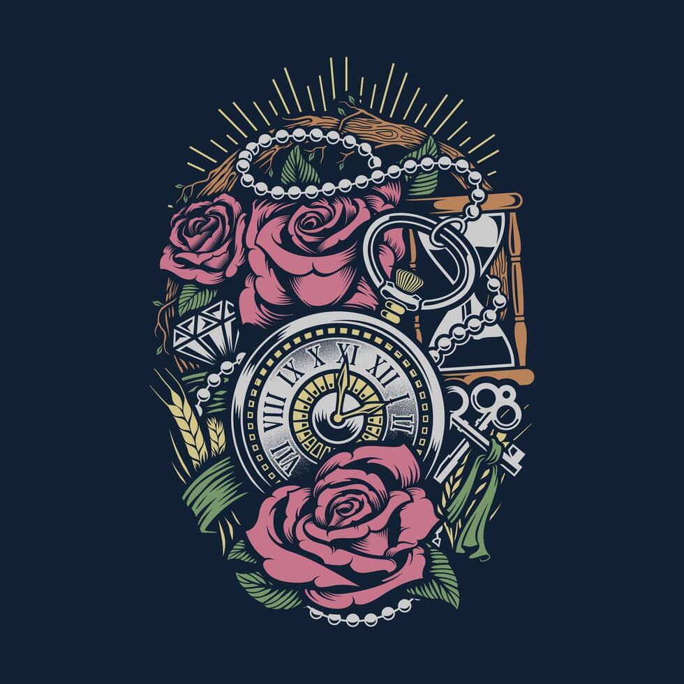 Elegant Vintage Rose Clock Fusion Art for T-Shirt Graphic Vec. Illustration vector