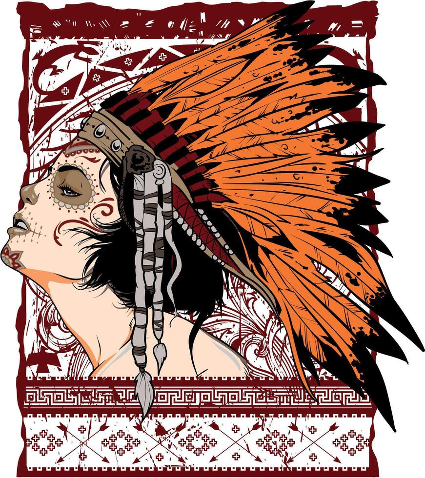 Apache Warrior Woman Bold T-Shirt Art Illustration, Tribal Native American Design vector