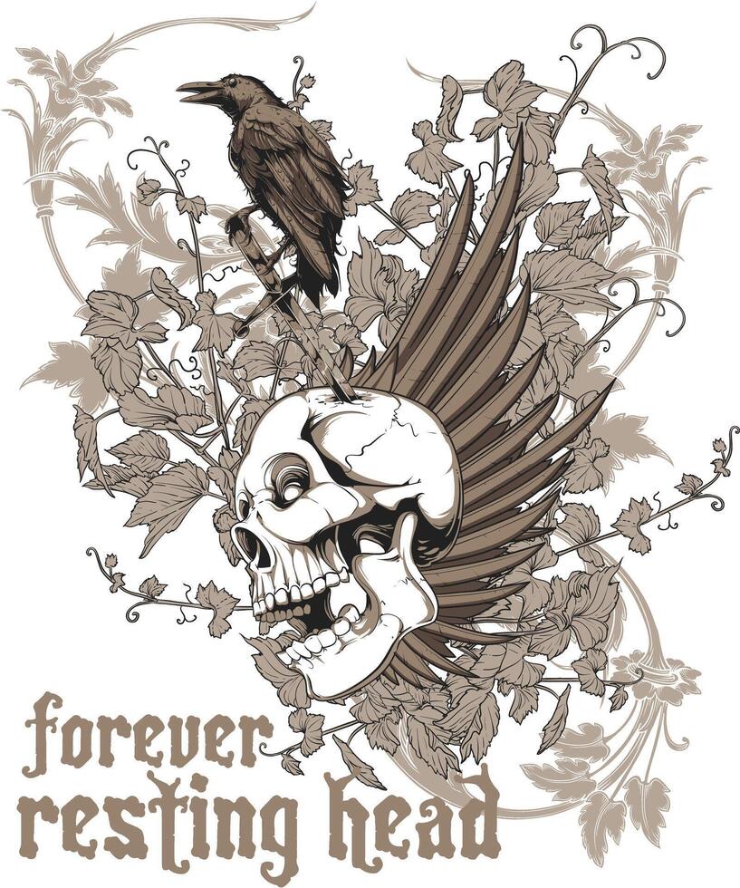 A striking illustration of a mysterious crow resting on a detailed skull, perfect for dark fantasy, gothic apparel, and Halloween-themed designs. vector
