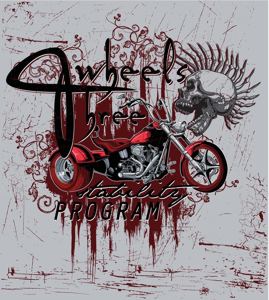 Edgy illustration featuring three motorcycle wheels fused with a bold skull design, vector