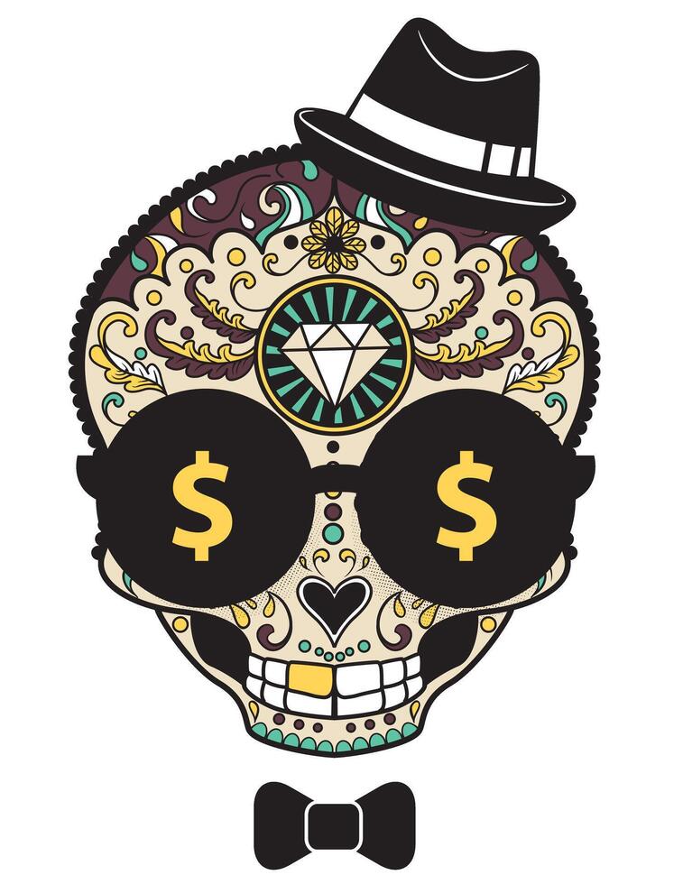 Retro Sugar Skull with Bow Tie, Dollar Sign Glasses, and Vintage T-Shirt Design Art vector