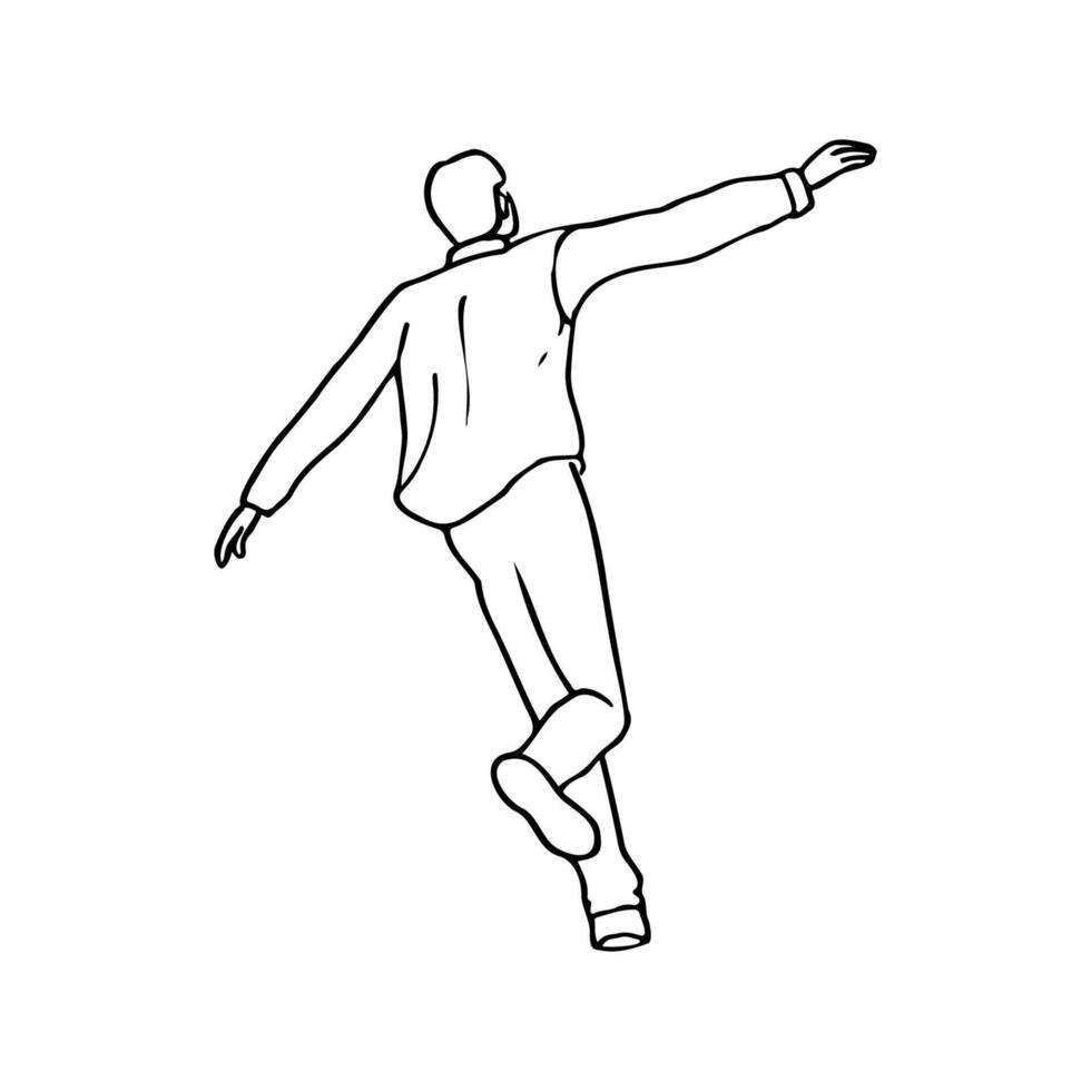 man running with arms outstretched in flowing shirt, back view - hand drawn line art vector