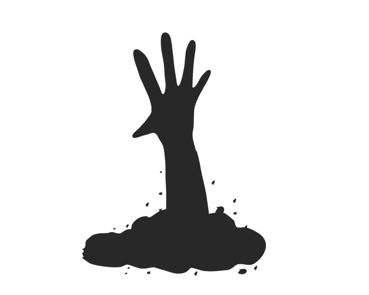 Halloween clipart with black silhouette of a hand rising from the ground. Spooky and scary. Creepy hand silhouette vector