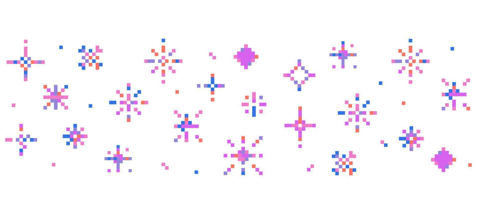 8 bit pixel sparkle border in retro style stars and crystals for games UI retro designs or web Minimalist 90s Y2K pixel star collection.Firework burst, space decoration. vector