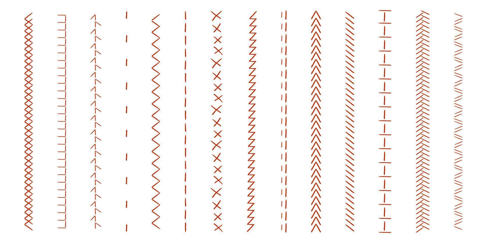 Sewing machine, embroidery border line zig zag hatch. Geometric fabric needlework, thread sew brushes, sewing seams vector