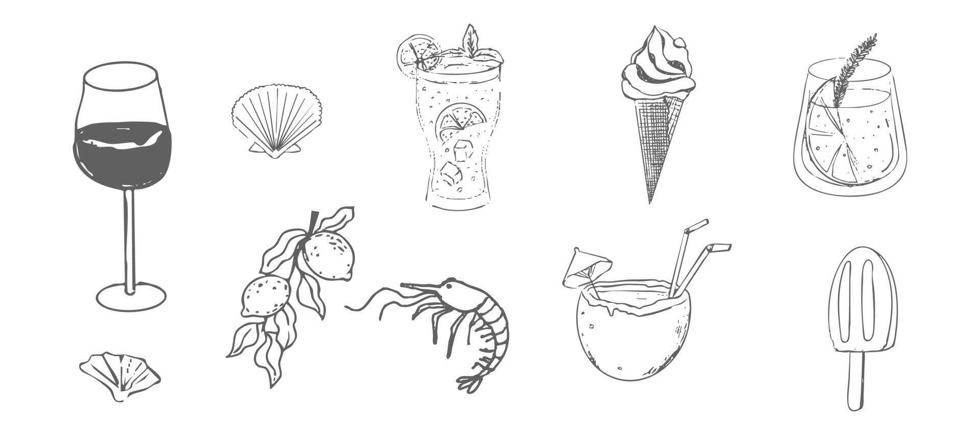 Summer seashore greek sea tourism, rest sketch drawing. Line hand drawn beach party elements. Vacation doodle tropical vector