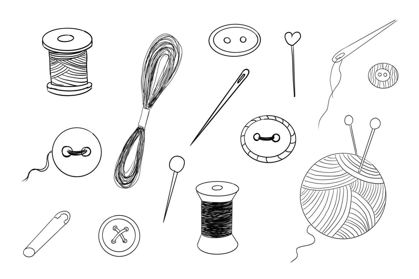 Sewing set thread, needle buttons doodle hand drawn. Handmade craft embroidery collection. Vintage tailor kit. Sewing accessories vector