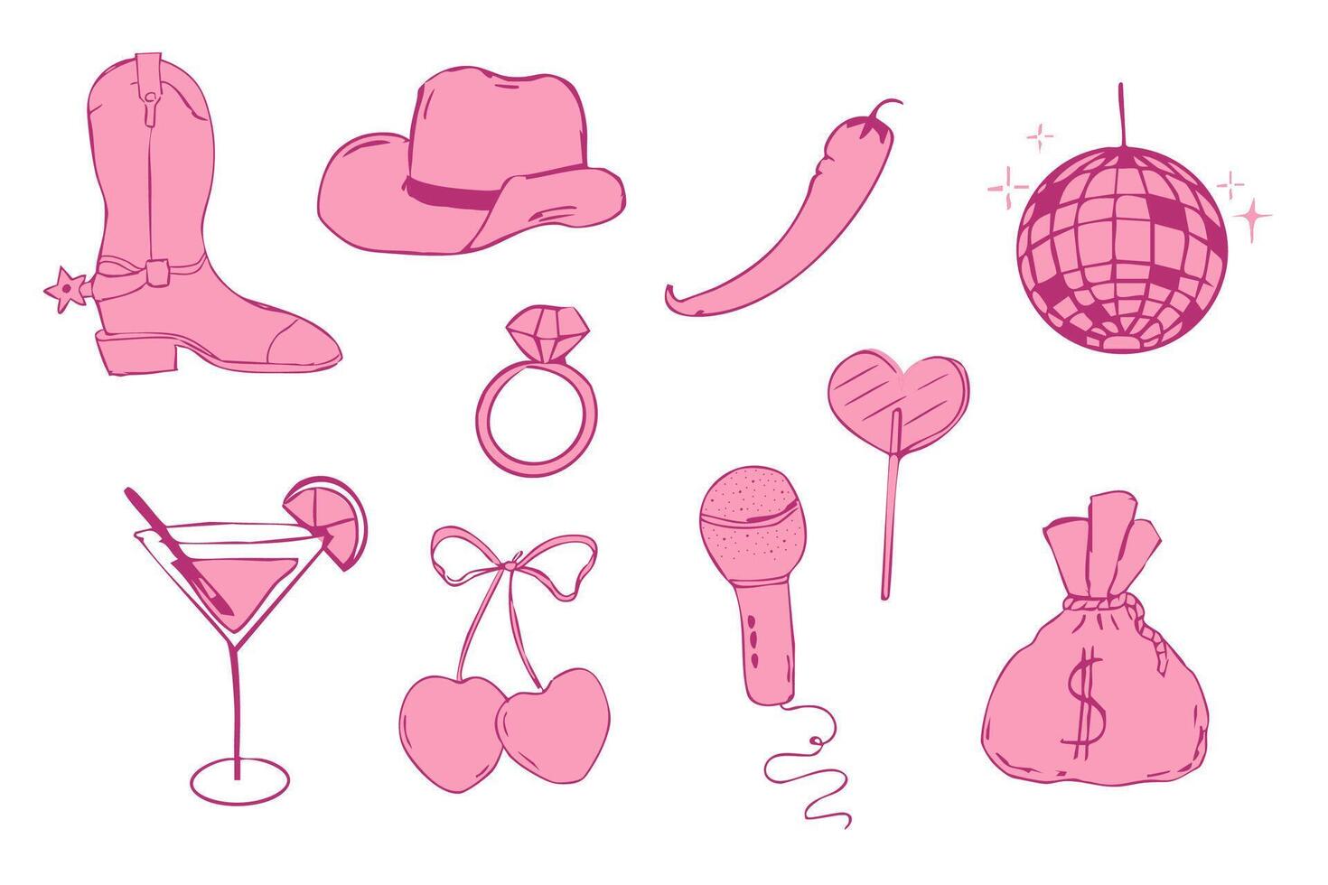 Wild west coquette y2k bachelorette cowgirl party collection, western pink rodeo doodle with retro disco elements. Hat, heart, boots. vector