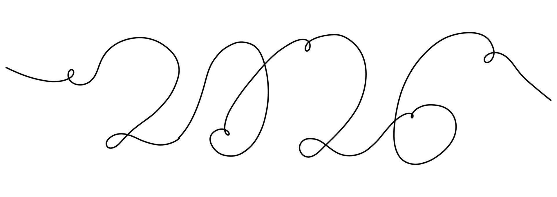 New year 2026 line art, contour sketch hand drawn. Continuous linear drawing. Decoration. vector