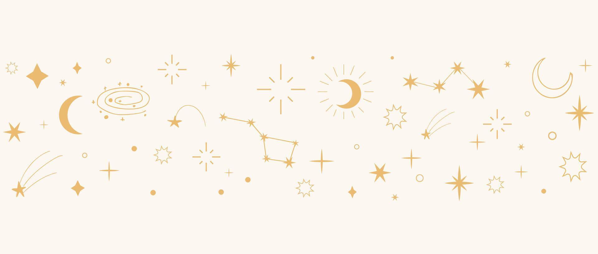 Mystical celestial border divider with stars, moons, and sparkles. Elegant golden ornament set for tarot, magic, spiritual designs. vector