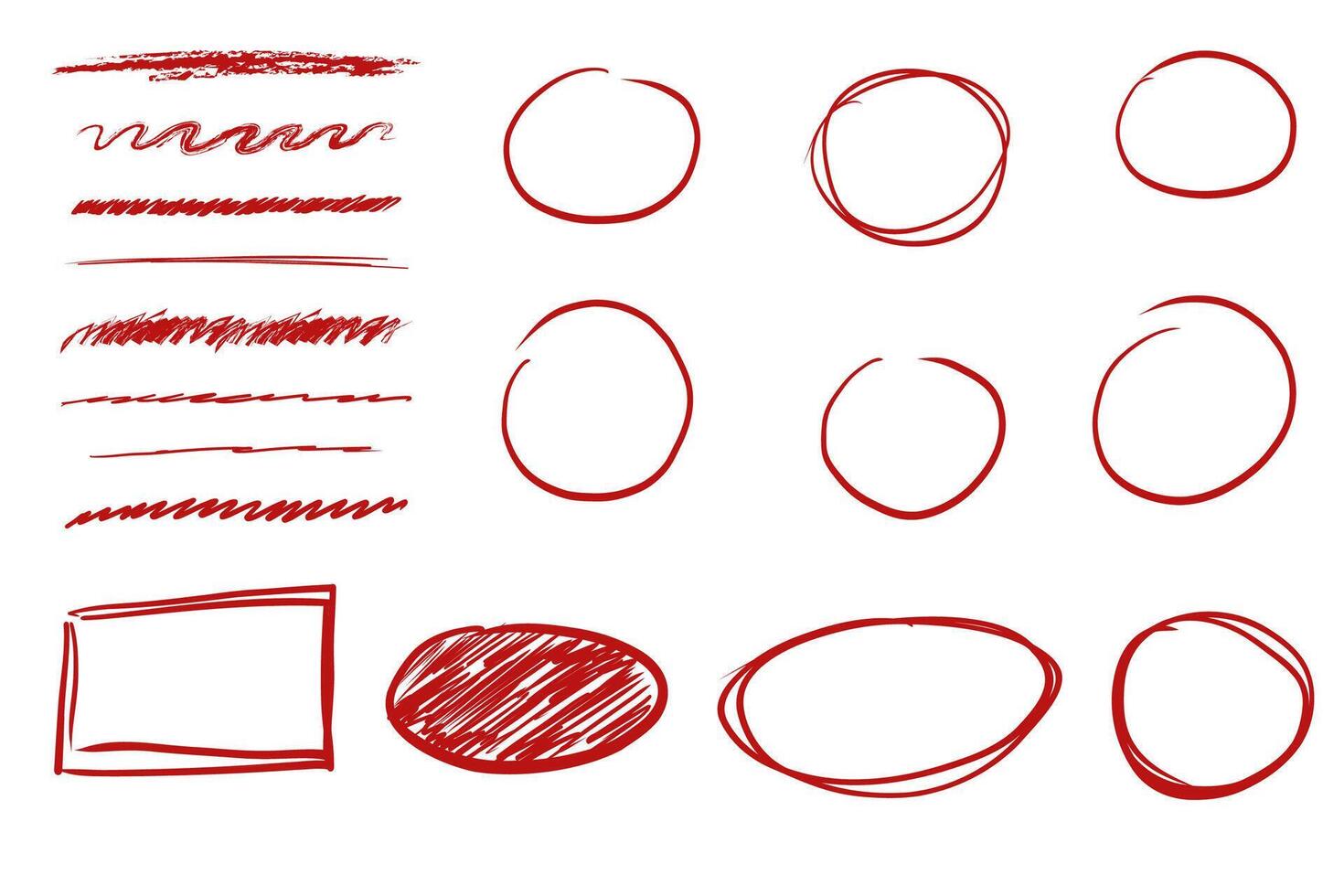 Red arrow mark hand drawn sketchy paintbrush, swirl arrows set, doodle highlight mark check. Grunge stroke. Important sign. vector