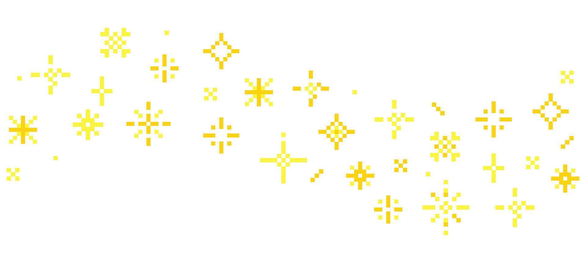 8 bit pixel sparkle wave border in retro style stars and crystals for games UI retro designs or web Minimalist 90s Y2K pixel star collection.Firework burst, space decoration. vector