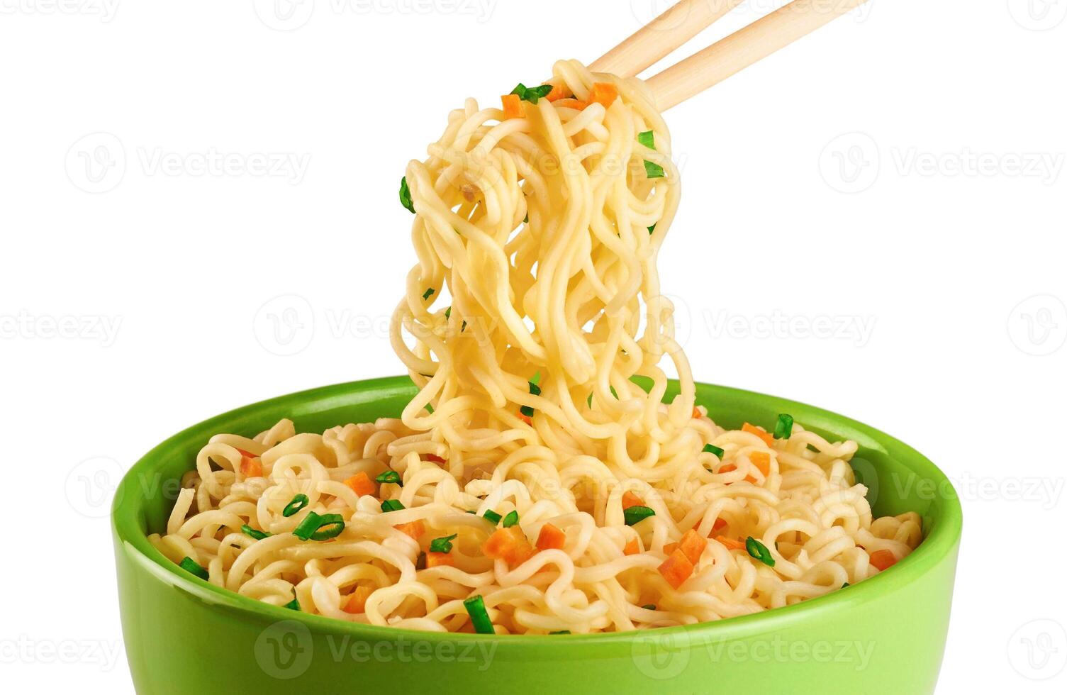 Bowl of instant noodles isolated on white background. photo