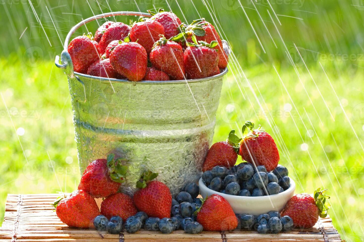strawberries and blueberries in a bucket photo