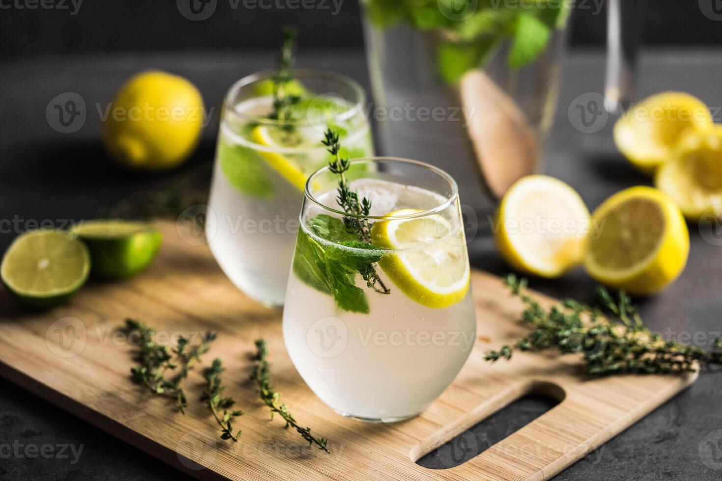Lemon thyme drink on a wooden board photo