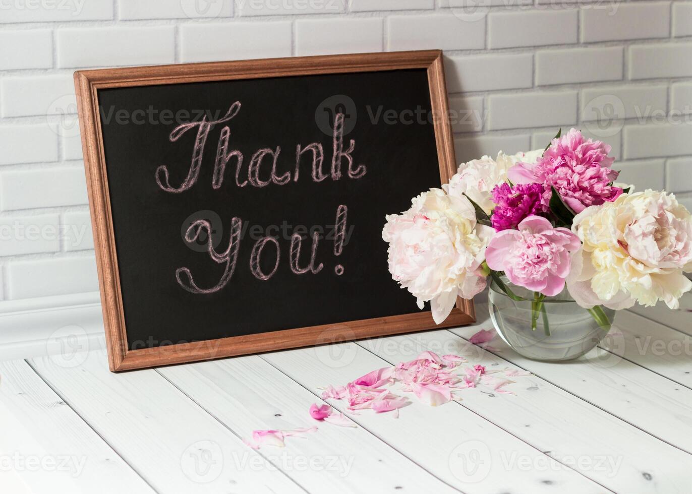 Chalkboard with inscription Thank You and peonies photo