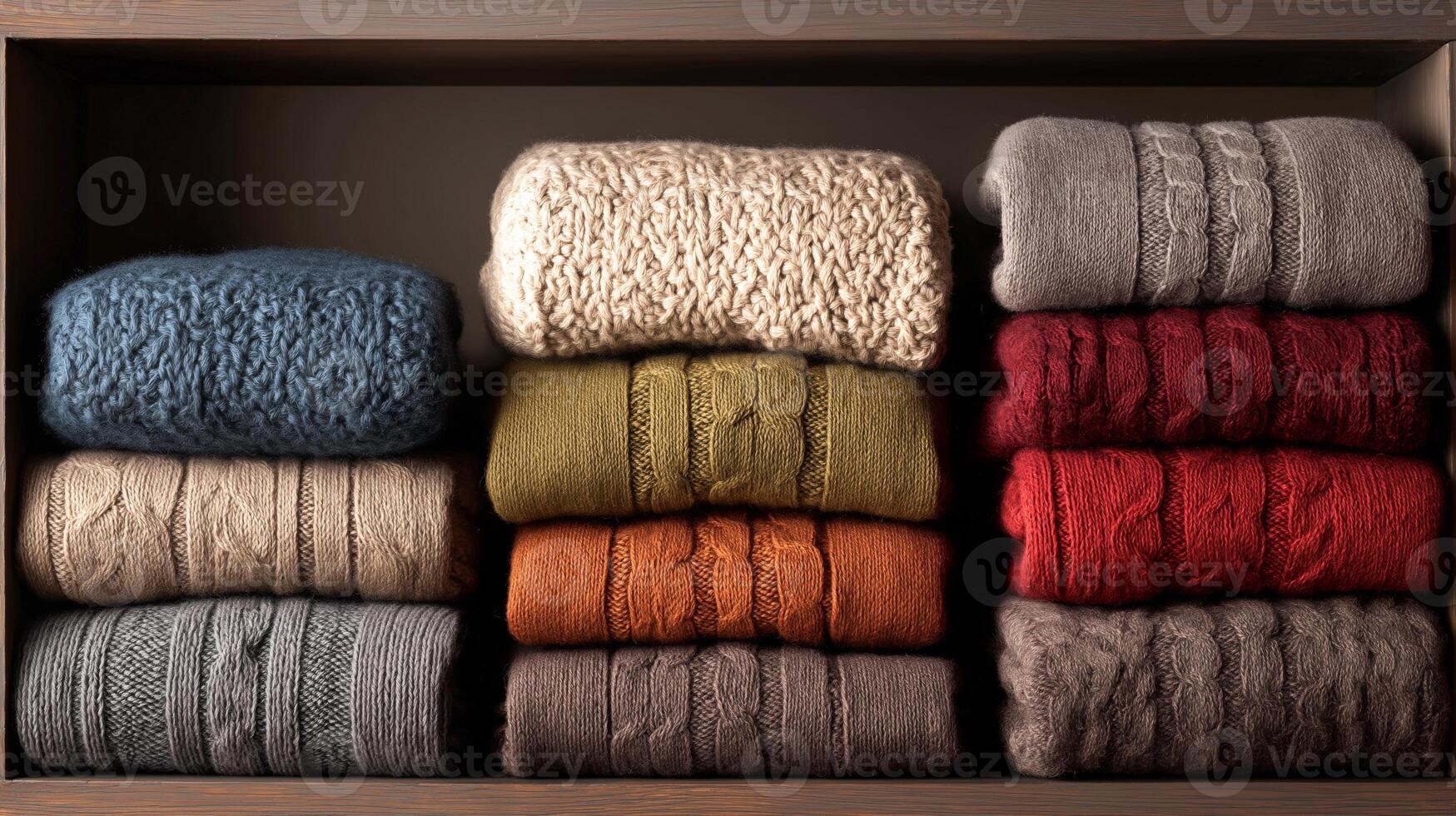 A collection of warm, knitted sweaters in multiple colors is neatly stacked on a wooden shelf. photo