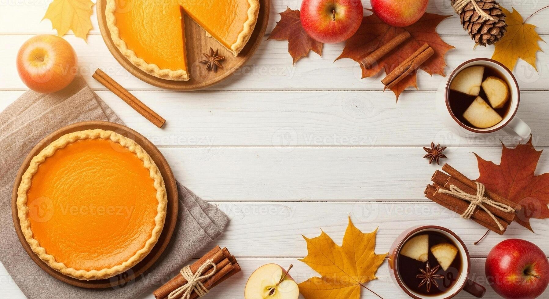 Warm Inviting Thanksgiving Flat Lay Rustic White Wooden Background Two Pumpkin Pies Red Apples Cinnamon Star Anise Autumn Leaves Mugs Festive photo