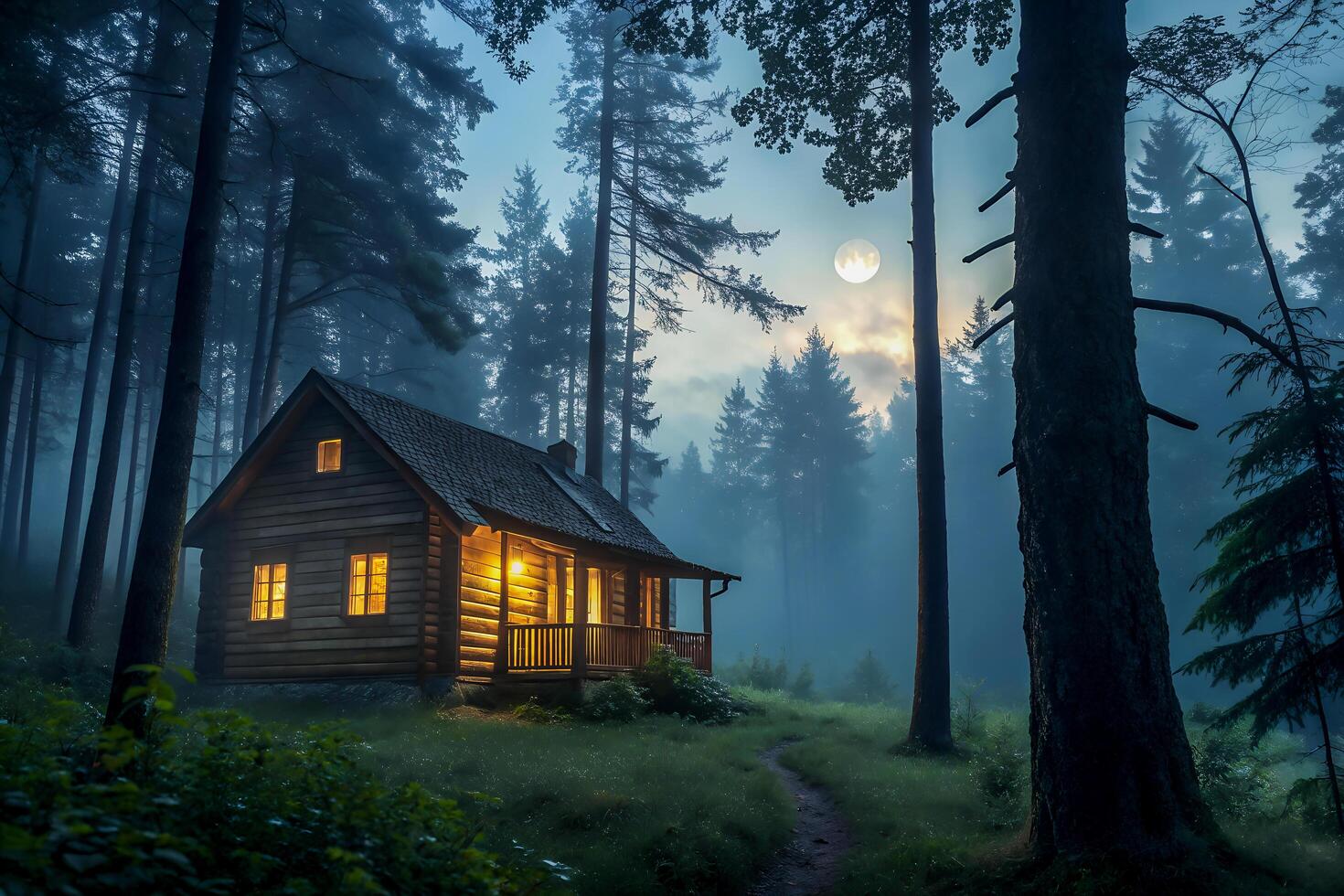 Cozy wooden cabin nestled in a misty forest under a luminous full moon photo