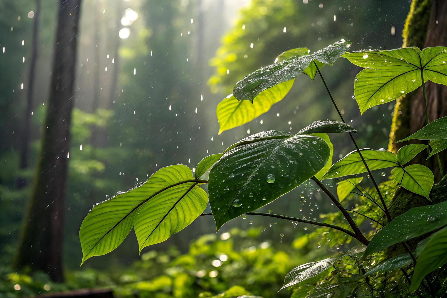 Lush green leaves glisten with raindrops in a misty sunlit forest photo