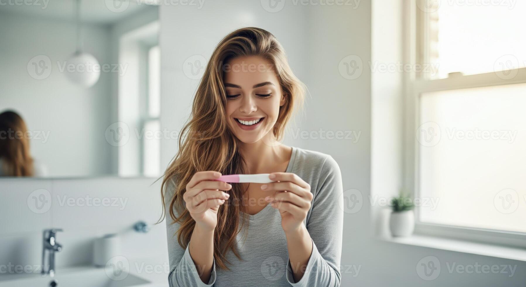A pregnant woman holding a pregnancy test with a joyful expression. AI Gen. photo