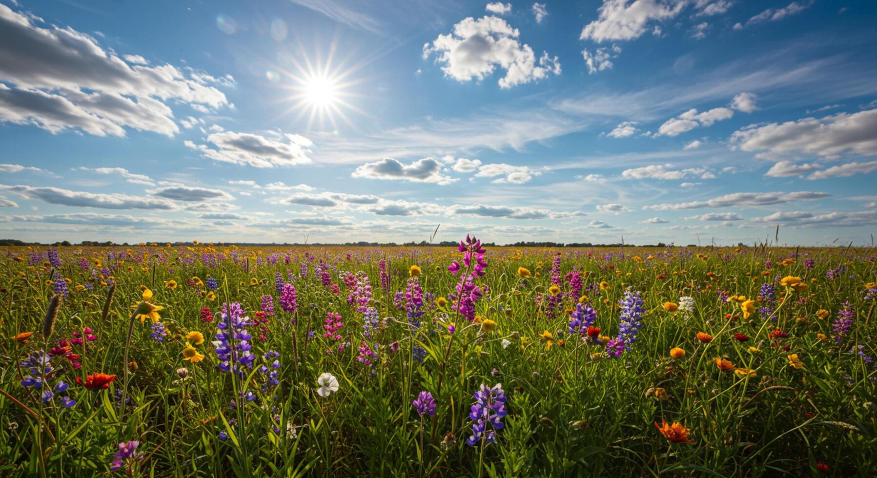 Colorful wildflower field under blue sky photo