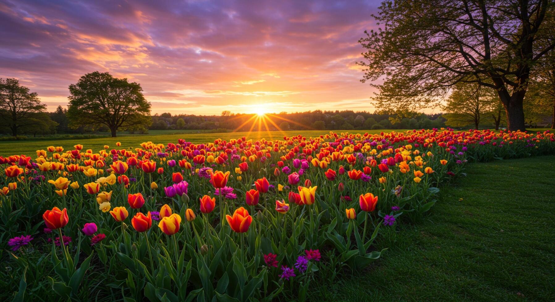 Colorful tulips blooming at sunset photo