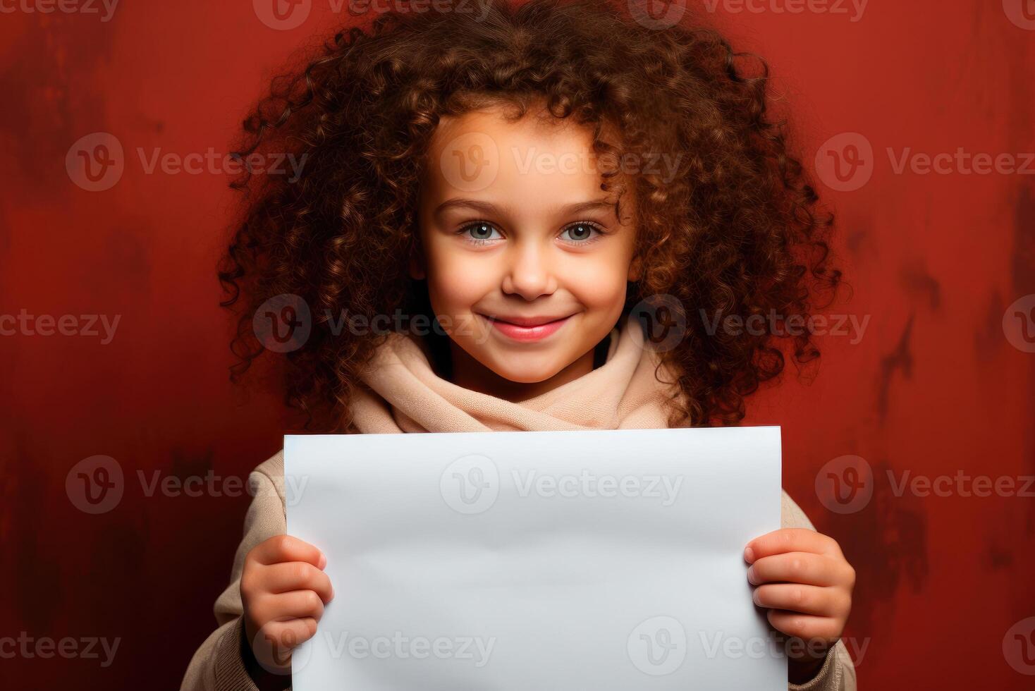 Curly haired baby girl holds in his hands a blank blank sheet of white paper for copy space photo