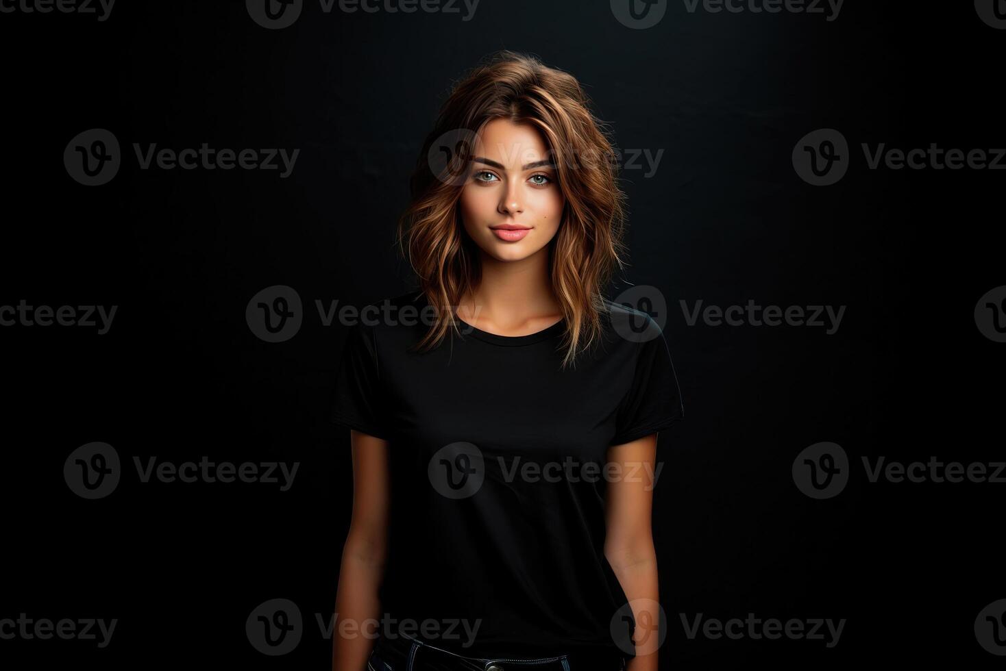 Young woman in a mock-up of a black T-shirt on a pale black background. Designer template, printed presentation layout photo