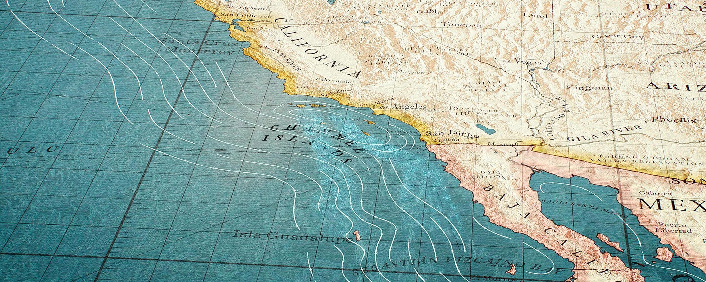 Close-up view of a vintage map of the western coast of North America. photo