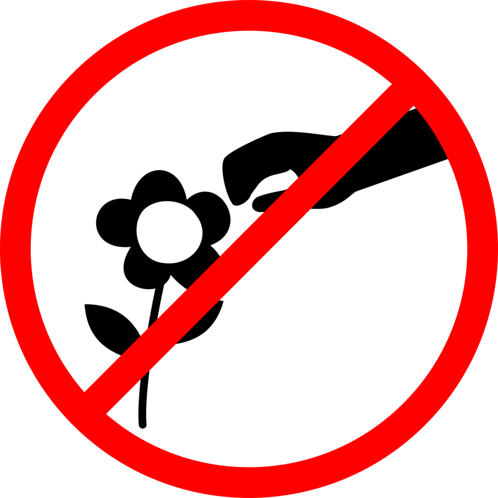 prohibition hand touching a flower sign. Do not pick the flowers sign. no pick the flowers are allowed. no picking flowers. no flower picking png