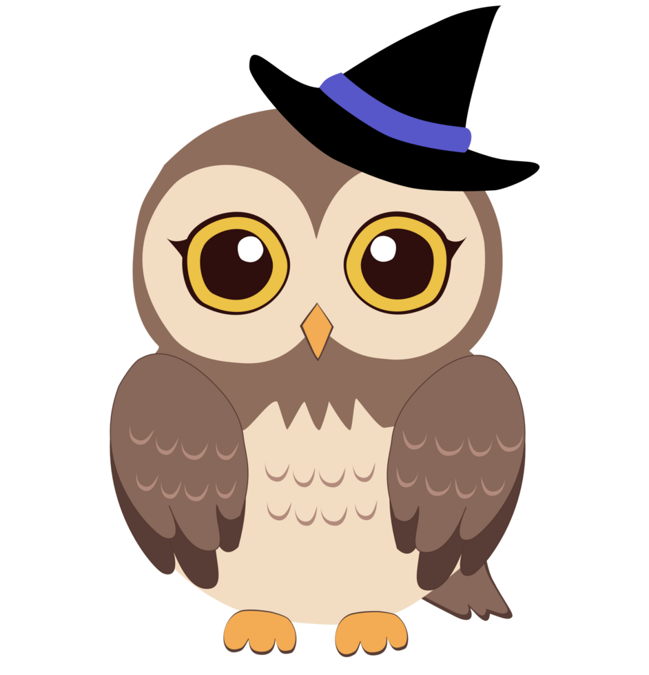owl illustration in cartoon style, wearing a witch hat, ideal for spooky party invites, seasonal decorations, kids crafts, and digital prints. png