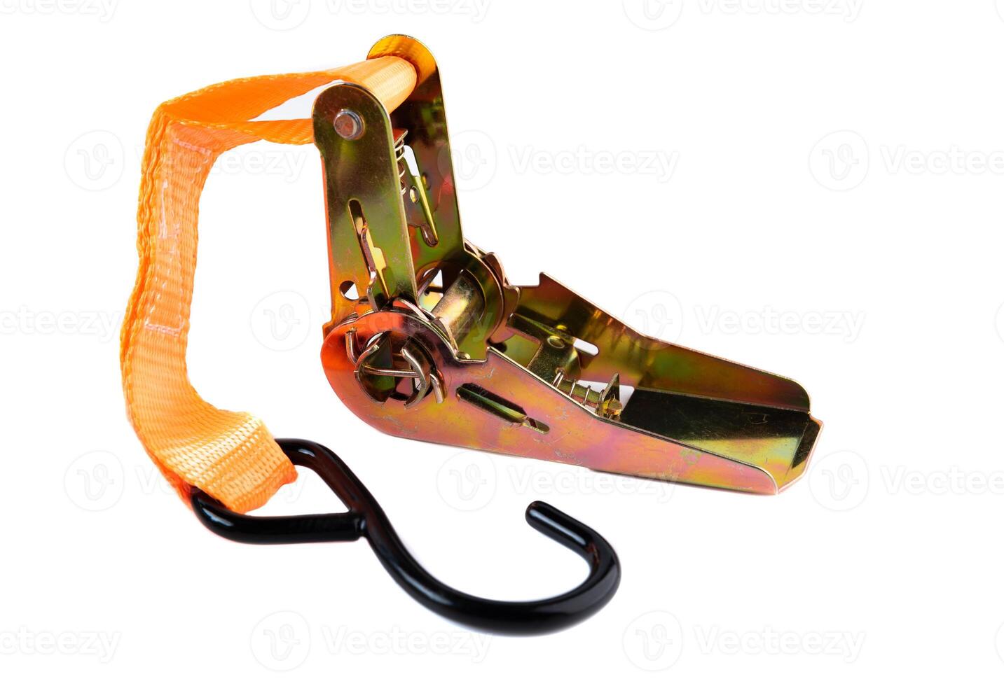 Industrial ratchet mechanism with attached orange tie-down strap and black hook, displayed on white. Clean stock image for product advertisement or e-shop. photo