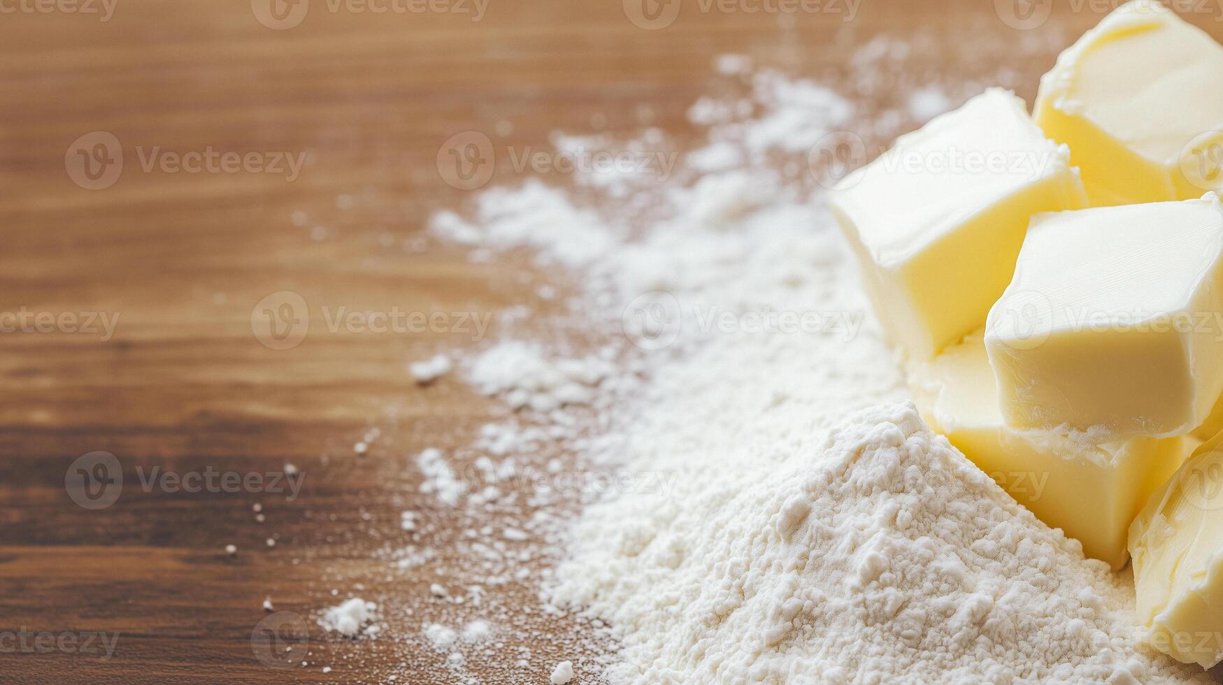 Butter and flour on a wooden table photo