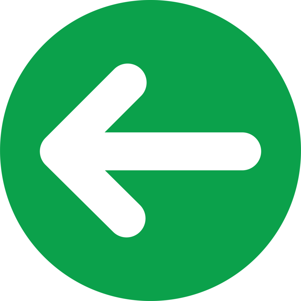 Simple and clean green circular icon featuring a bold white left-facing arrow, perfect for digital indicators and navigation designs. png