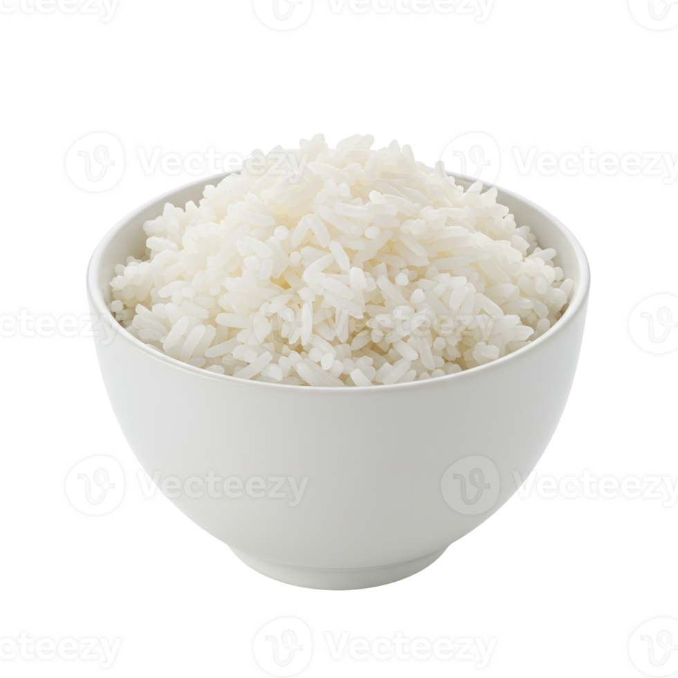 Fluffy white cooked rice served in a simple plain ceramic bowl on its own png