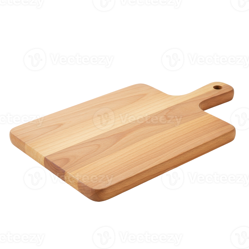Smooth wooden cutting board with a convenient handle and natural light wood grain png