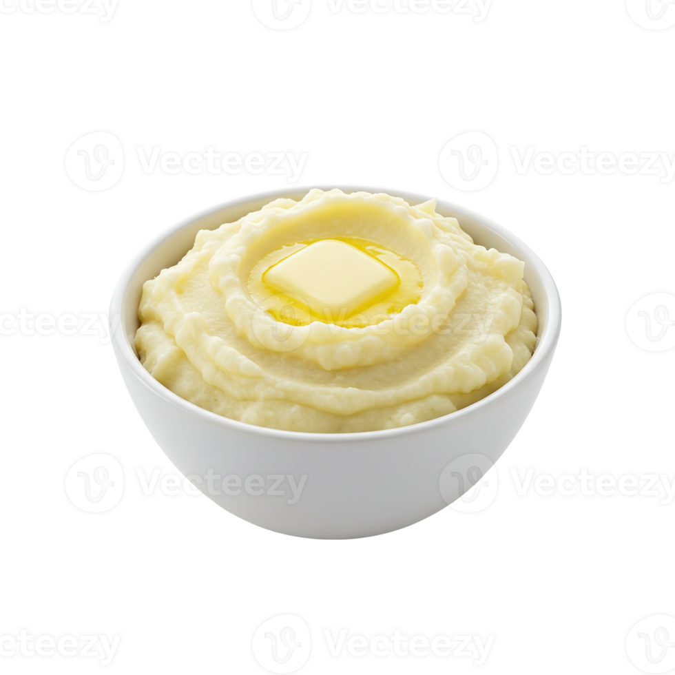 Creamy mashed potatoes in a white bowl with melting butter pat, a classic side png