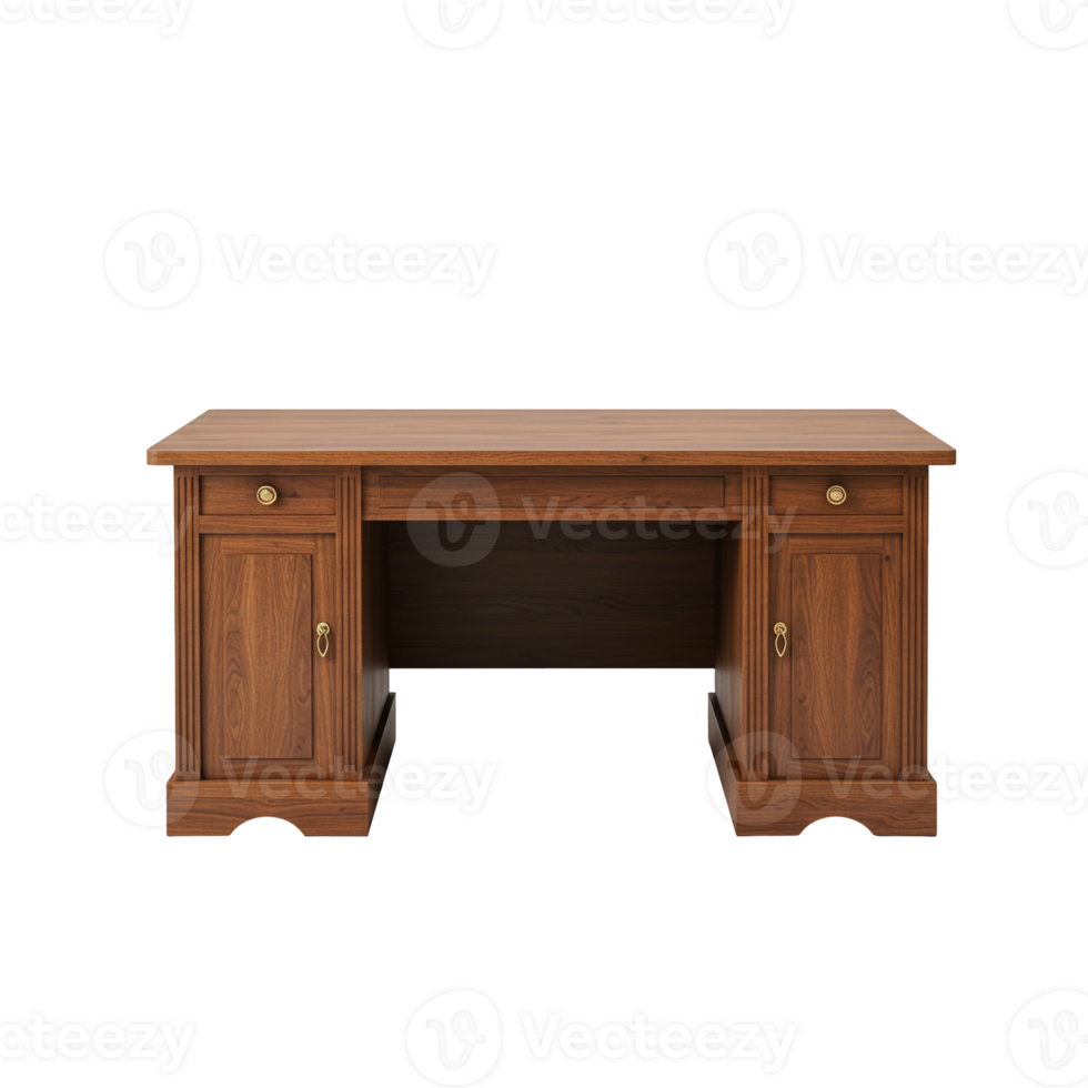 Elegant dark wooden executive desk with multiple drawers and sophisticated traditional design png