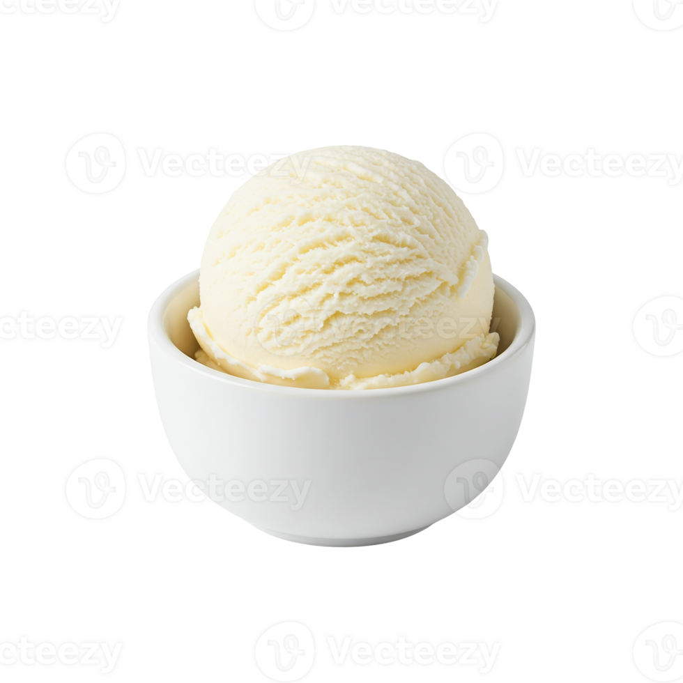 Scoop of creamy vanilla ice cream in a pristine white ceramic bowl, sweet indulgence png